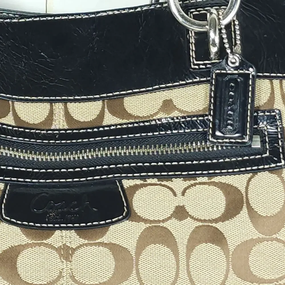 Coach Penelope Signature Large Brown Canvas Leather Satchel Handbag Bag
